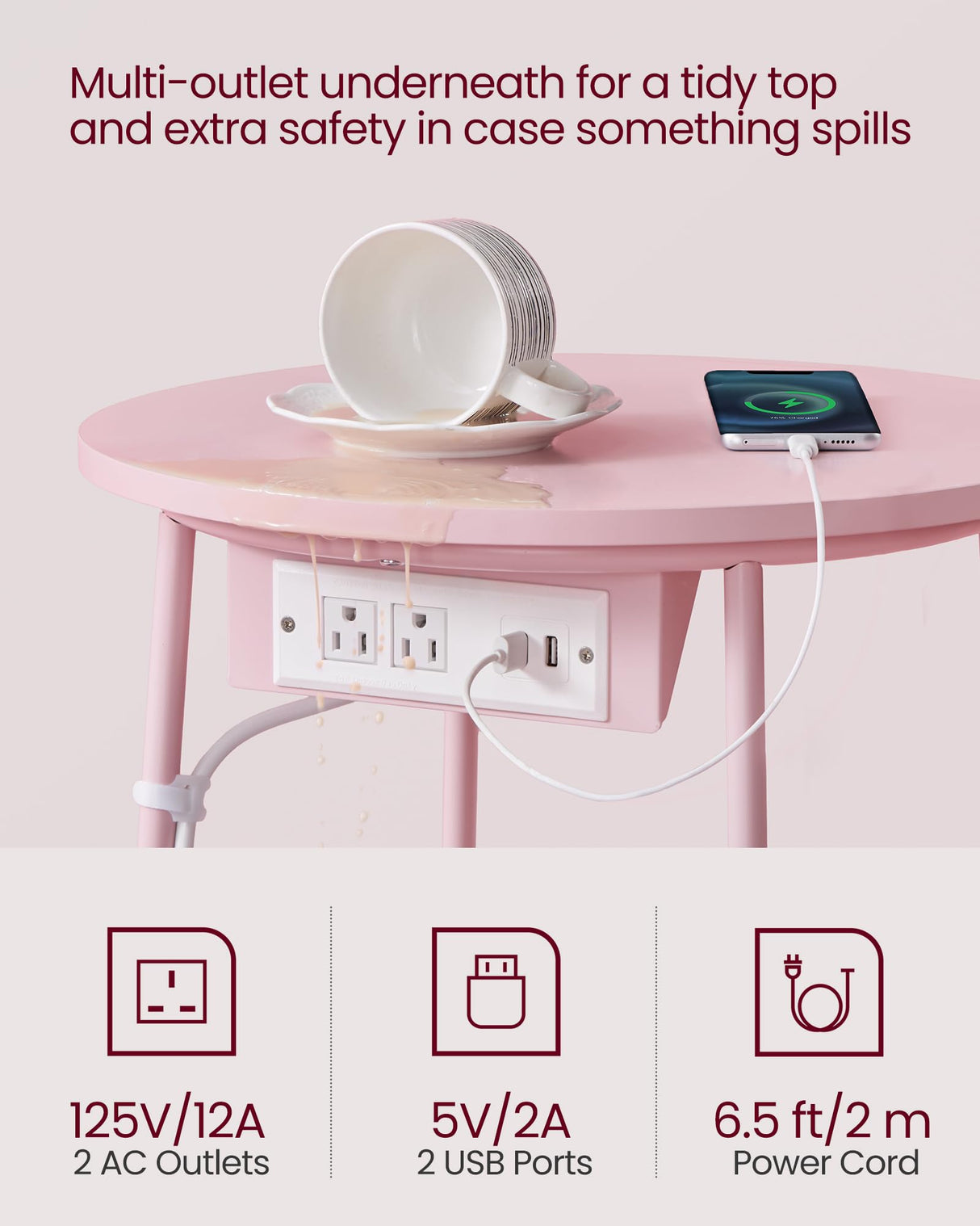 VASAGLE Side Table with Charging Station, Round End Table With Fabric Basket, Nightstand with Power Outlets USB Ports, for Living Room, Bedroom, Modern, Jelly Pink and Cream White ULET228R01 VASAGLE