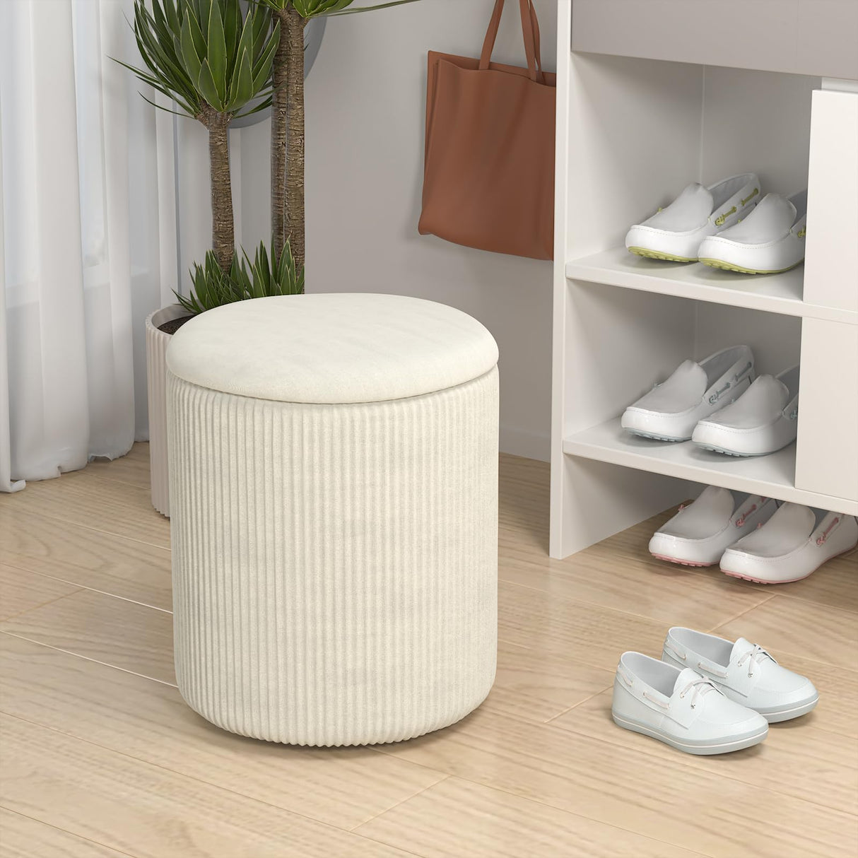 VENDORZ Round Ottoman Vanity Stool with Storage Set of 2, Beige Velvet Round Ottoman with Storage, Multifunctional Round Storage Ottoman Foot Rest, Storage Ottoman Round with Storage for Living Room VENDORZ