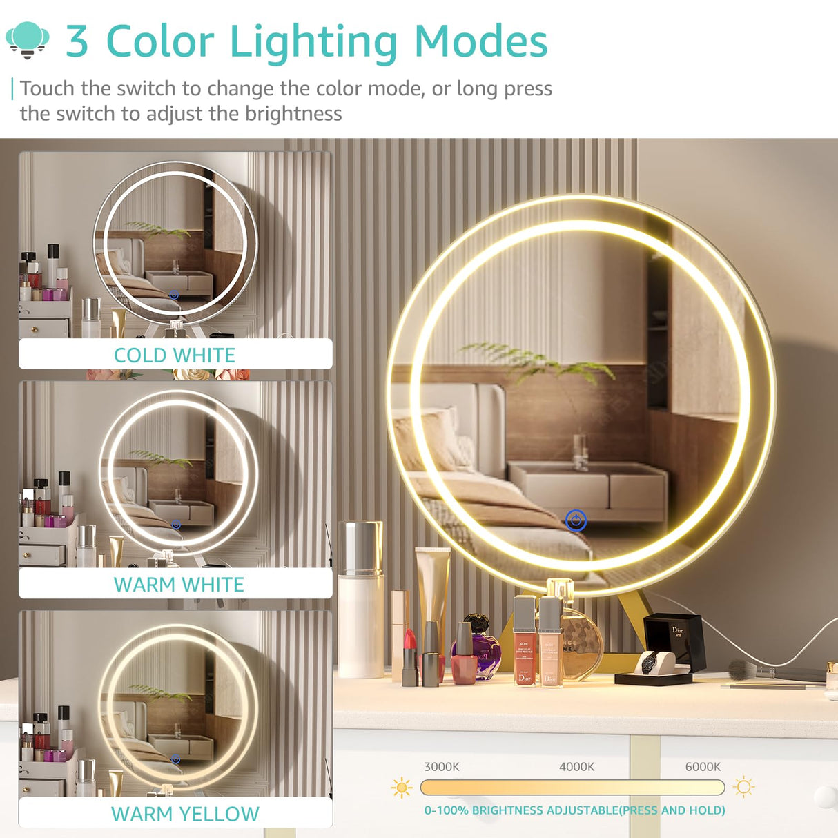 Lufeiya White Makeup Vanity Desk with Mirror and Lights, 40 inch Make Up Vanity Desks with Fabric Drawers & Charging Station, Dressing Table and Chair Set for Bedroom Girls, White Gold Lufeiya