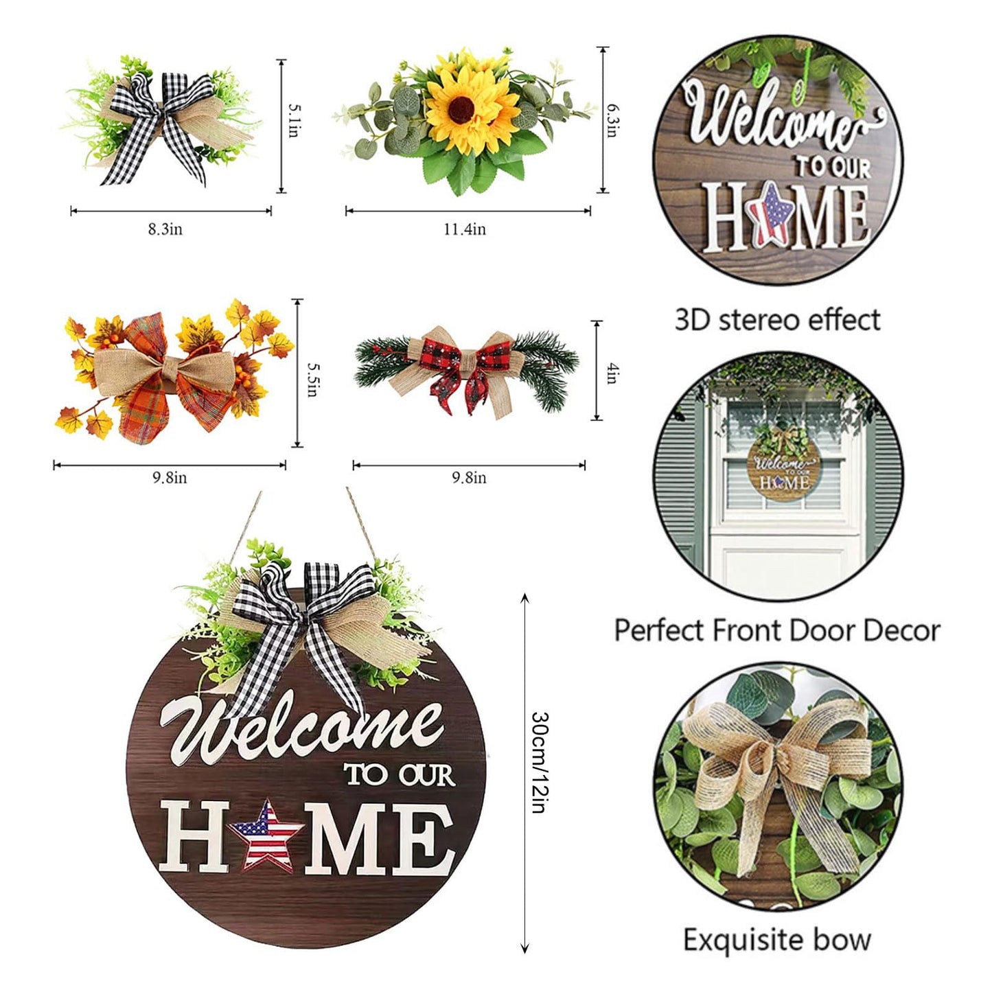 Interchangeable Welcome Front Door Sign Round Wood 4 Seasonal Wreaths 21 Changeable Icons Decoration Hanging Outdoor Farmhouse Porch for Easter Thanksgiving Halloween Christmas Independence Day