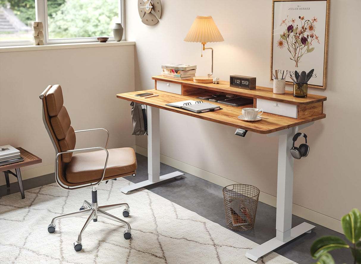 FEZIBO 48 x 24 Inch Height Adjustable Electric Standing Desk with Double Drawer, Stand Up Desk with Storage Shelf, Sit Stand Desk, Light Wood FEZIBO