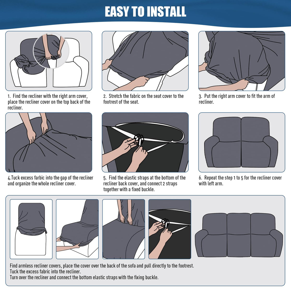 TAOCOCO Recliner Sofa Slipcover, 3 Pieces Polyester Fabric Stretch Sofa Covers for 3 Seat Reclining Couch, Soft Washable Furniture Protector with Pockets (3 Seat, Dark Gray) TAOCOCO