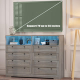GAOMON 8 Drawers Wood Dressers with Charging Station and LED Lights, Modern Wooden Dresser for Bedroom, Living Room, Hallway, 55" Wide Chests of Drawers Dresser TV Stand for 55 Inch TV (Grey) GAOMON