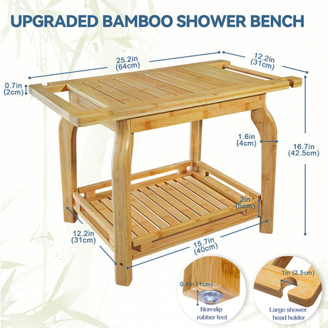 2-Tier Bamboo Shower Bench for Inside Shower Shaving Legs, 25 Inch Waterproof Bathroom Bench Shower Stool with Storage Shelf, Safe & Stable for Seniors Adults Disabled Women KingPavonini