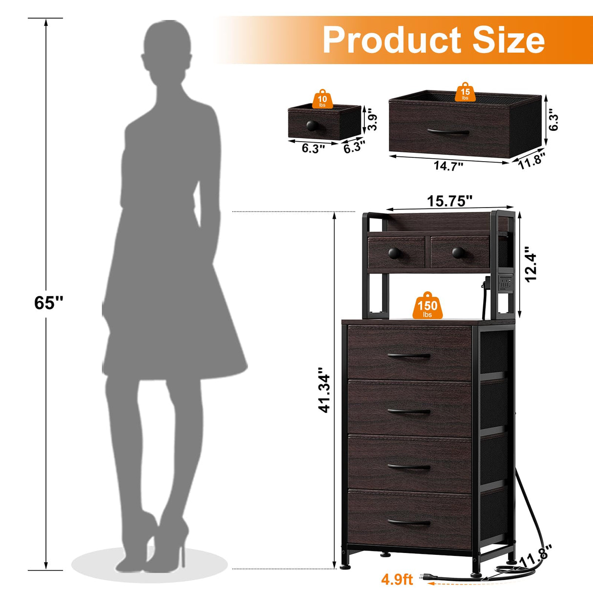 REAHOME 41 Inch Tall Nightstand with Charging Station, LED Night Stand with 6 Fabric Drawers, Bed Side Table with 3-Tier Wood Storage Shelves for Bedroom, Office, Small Spaces, Leather Brown REAHOME