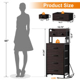 REAHOME 41 Inch Tall Nightstand with Charging Station, LED Night Stand with 6 Fabric Drawers, Bed Side Table with 3-Tier Wood Storage Shelves for Bedroom, Office, Small Spaces, Leather Brown REAHOME