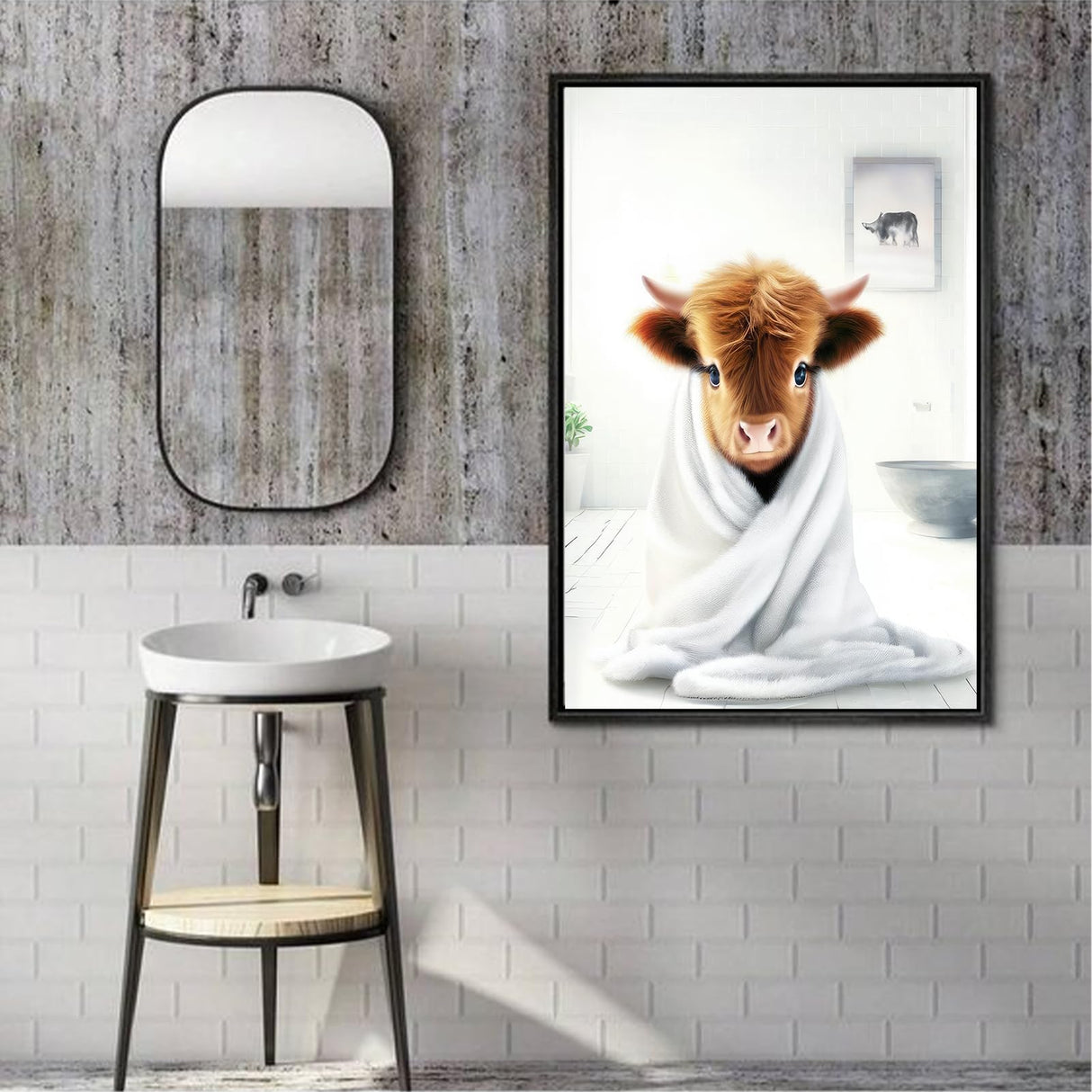 TWNSLLA Highland Cow Funny Bathroom Decor Wall Art,Bathroom Highland Cow Art Prints,Rustic Farmhouse Bathroom Wall Decor,Funny Bathroom Signs Animal Canvas Wall Art,UNFRAMED,8x10inchx4pcs TWNSLLA