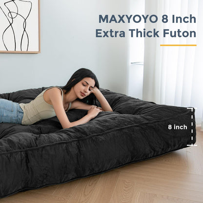 MAXYOYO 8" Futon Mattress Full Size, Extra Thick Futons Sofa Couch Bed, Velvet Floor Mattress for Adults, Shredded Foam Filling (Frame Not Included), Black