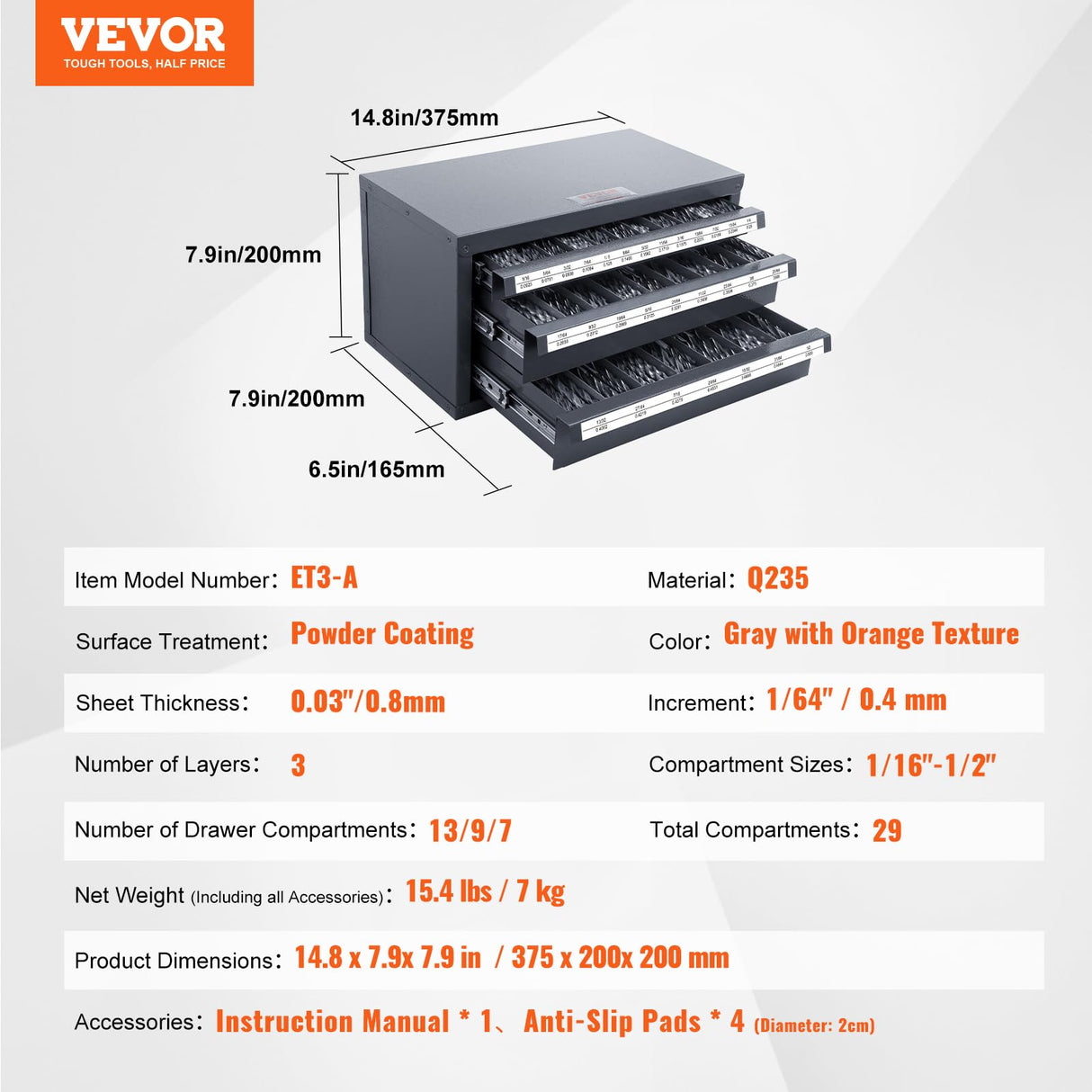 VEVOR Drill Bit Dispenser Cabinet, Three-Drawer Drill Bit Dispenser, Drill Bit Organizer Cabinet, Drill Dispenser Organizer Cabinet for Jobber Length Fractional Size 1/16" to 1/2" in 1/64" Increments VEVOR