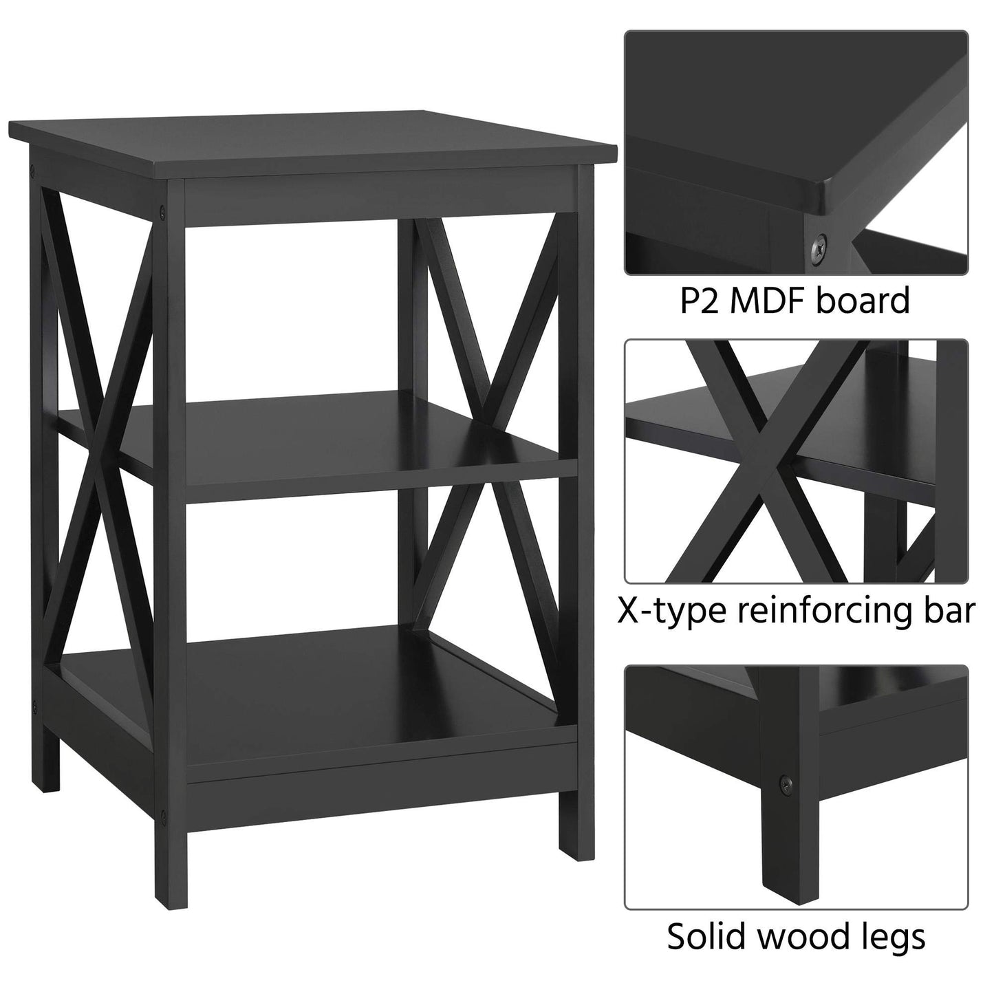 Yaheetech Black End Table Set of 2, 16x16x24 in Sturdy 3-Tier Side Tables with Storage Shelf & Solid Wood Legs, 2Pcs X-design Modern Sofa Side Table for Living Room Office, Easy Assembly