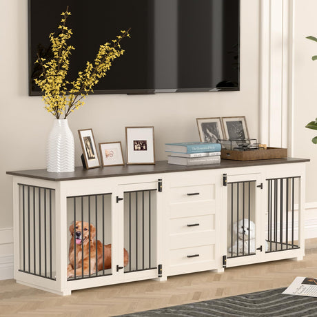 ADOFFUR 94.5" Large Dog Crate Furniture for 2 Dogs, Wooden Double Dog Kennel Furniture with 3 Drawers, Heavy Duty Indoor Furniture Style Dog Crate/TV Stand - White ADOFFUR
