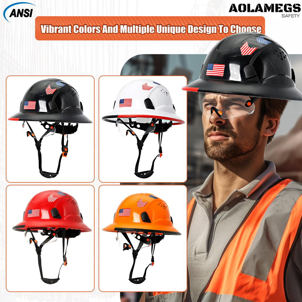 Aolamegs Safe Full Brim Hard Hats Construction OSHA Approved With Clear Visor - ANSI Z89.1 Vented Black Hard Hat With Chin Strap Reflective Cascos De Construccion Safety Helmet for Men 6-Pt Suspension Aolamegs Safe