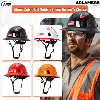 Aolamegs Safe Full Brim Hard Hats Construction OSHA Approved With Clear Visor - ANSI Z89.1 Vented Black Hard Hat With Chin Strap Reflective Cascos De Construccion Safety Helmet for Men 6-Pt S - WoodArtSupply