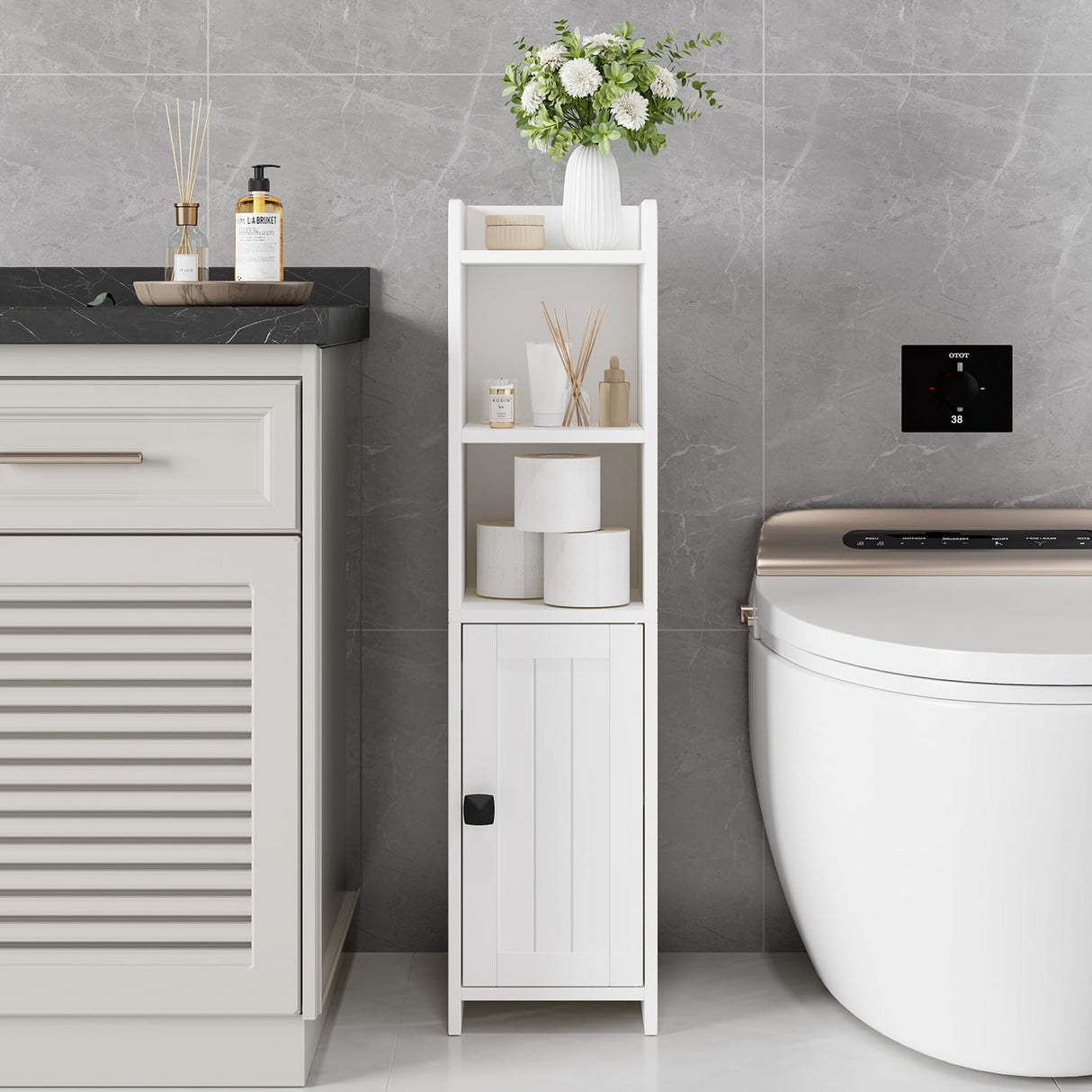 Lomojo Small Bathroom Storage Cabinet Corner, Floor Cabinet with Adjustable Shelves, Freestanding Narrow Bathroom Toilet Paper Organizers for Small Spaces (White) Lomojo