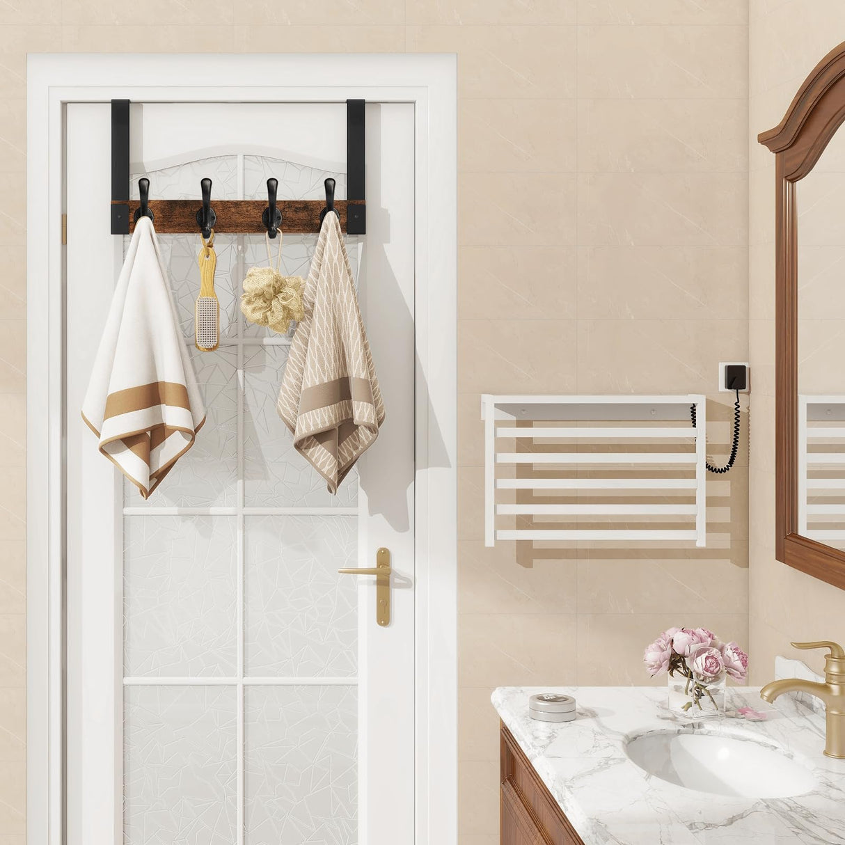 Homode Over The Door Hooks Heavy Duty, Wood Over Door Hanger Hook, Over Door Towel Rack with Coat Hooks for Hanging Towels Clothes Hats Bags, Back of Bathroom Door, Rustic Brown Black Homode