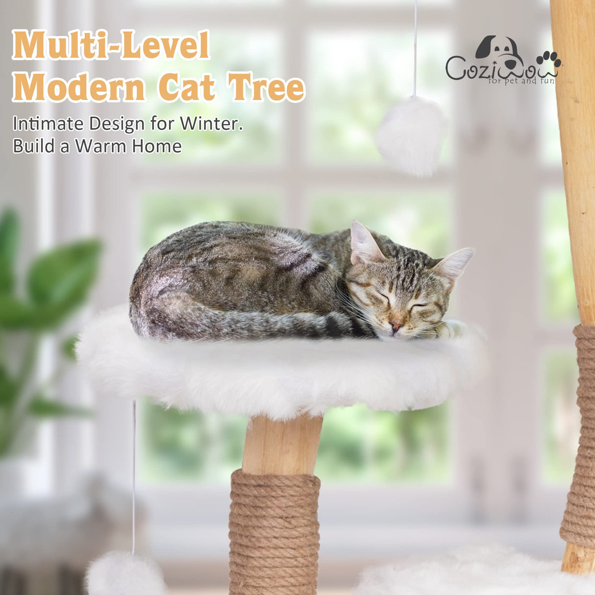 COZIVVOVV Modern Cat Tree, Natural Branch Cat Tower with Condo and Climbing Perches, Kitten Scratching Tree, Cat Furniture Gift, White COZIVVOVV
