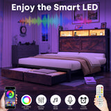 Incyneva Farmhouse Queen Bed Frame with Bookcase Storage Headboard, Charging Station, LED Light and 2 Storage Drawers, Noise Free, No Box Spring Needed, Brown Incyneva