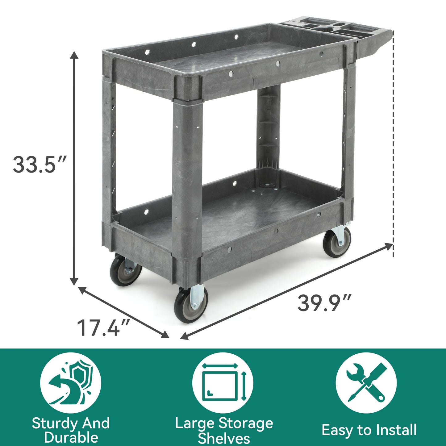 YITAHOME Utility Cart on Wheels, 550 lbs Capacity Service Cart, 40 x 17 Inch Rolling Work Carts, 2 Shelf Heavy Duty Plastic Cart Suitable for Warehouse, Garage, School & Office, Cleaning, Gray