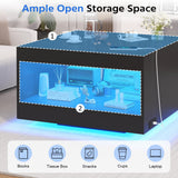 Black Coffee Table with Open Storage, Square Wood Coffee Table with LED Lights and Charging Station, Stylish Living Room Table, Modern Center Table for Living Room, Bedroom, Office Gacfiew