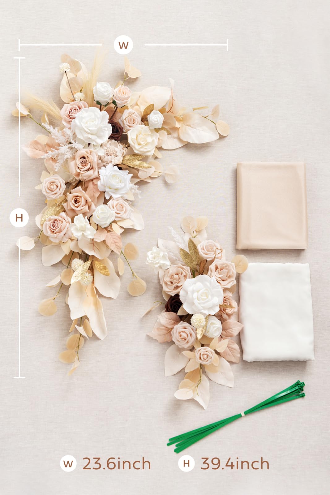 Ling's Moment White Gold Artificial Wedding Arch Flowers Kit Pack of 4, 2pcs Hanging Flower Arrangement 2pcs Chiffon Drapes Ceremony Reception Fake Rose Arbor Backdrop Stand Floral Outdoor Decorations Ling's Moment