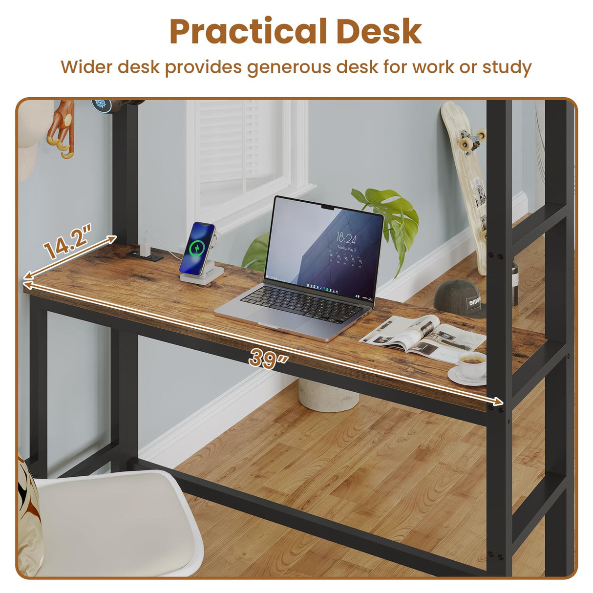 BTHFST Twin Loft Bed with Desk & 8 Drawers Tall Dresser, Metal Loft Bed with LED Lights & Charging Station, 2-Tier Storage Shelves, Stable & Sturdy, Noise Free, Rustic Brown and Black BTHFST