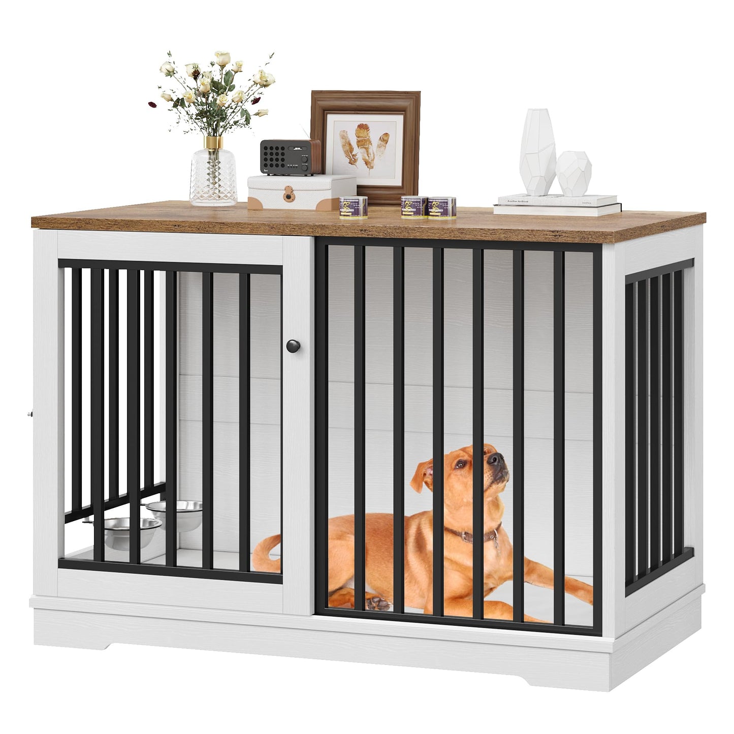 Dog Crate Furniture 47" Large Dog Kennel for Dogs Indoor, Heavy Duty Dog Cage with Sliding Door and 2 SUS Bowls Wooden End Table in Living Room for Small Medium Large Dogs, White - WoodArtSupply