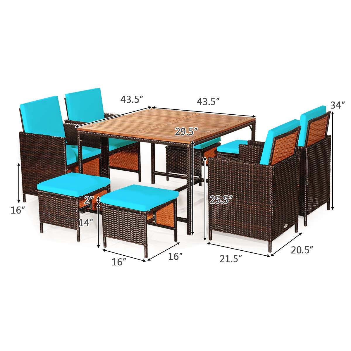 RELAX4LIFE 9-Piece Outdoor Dining Set - Patio Wicker Furniture Set w/Acacia Wood Tabletop, Soft Seat & Back Cushions, Dining Table & Chair Set for Backyard, Poolside (Turquoise) RELAX4LIFE