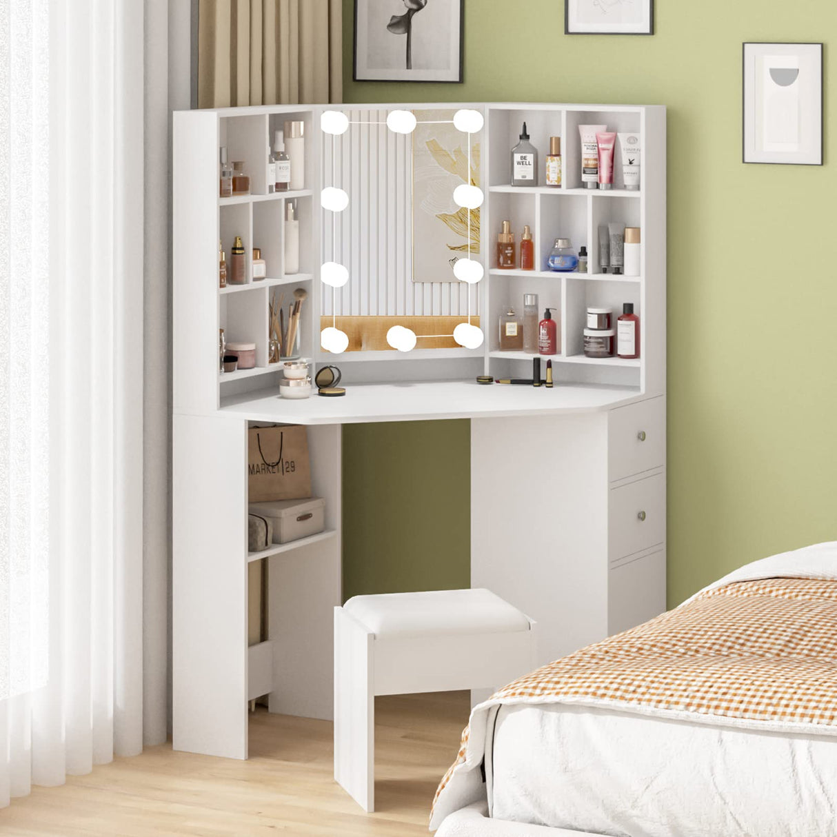 Fameill Corner Makeup Vanity Desk with Lighted Mirror,White Vanity Set with Lights,Large Dressing Tables with Lots Storage for Bedroom,3 Lighting Modes with Adjustable Brightness,46 Inch Fameill