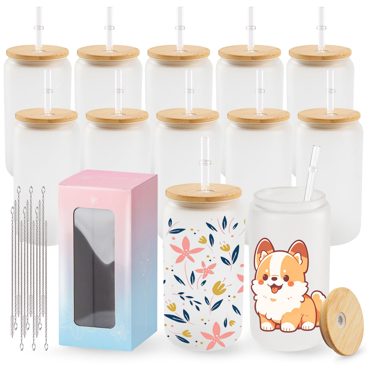 Joyclub 12 Pack Frosted Sublimation Glass Cups with Lids and Straws 16oz, Sublimation Glass Tumbler Blanks Beer Can Shaped Mugs for Iced Coffee Smoothie Soda Boba Tea Cocktail Gift Joyclub