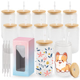 Joyclub 12 Pack Frosted Sublimation Glass Cups with Lids and Straws 16oz, Sublimation Glass Tumbler Blanks Beer Can Shaped Mugs for Iced Coffee Smoothie Soda Boba Tea Cocktail Gift Joyclub