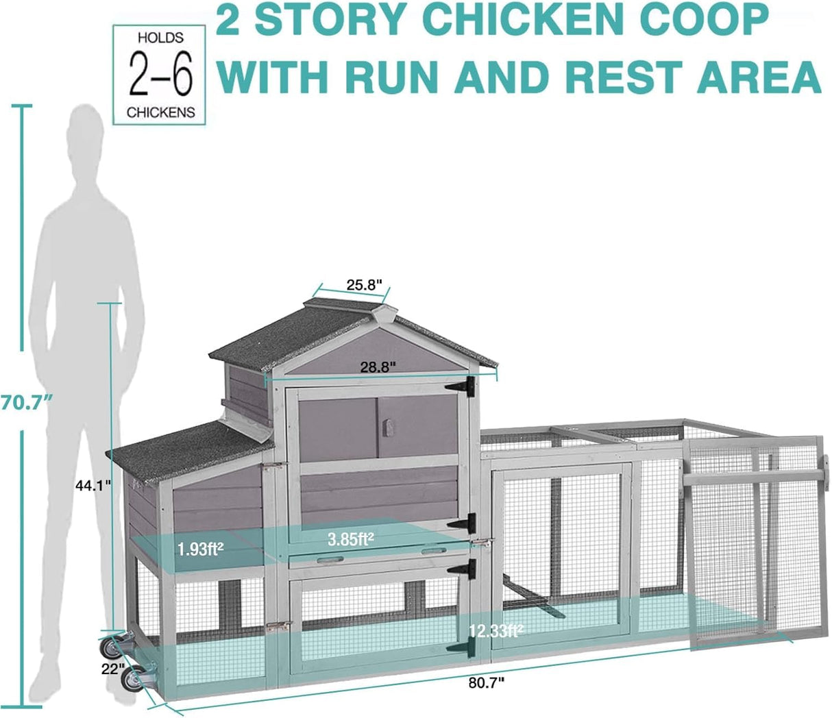 Chicken Coop for 2-4 Chickens, Mobile Chicken House for Outdoor with Wheels, Nesting Box, Leakproof Pull-on Tray and UV-Resistant Roof Panel, Wooden Chicken Coop for Duck Suumerpety