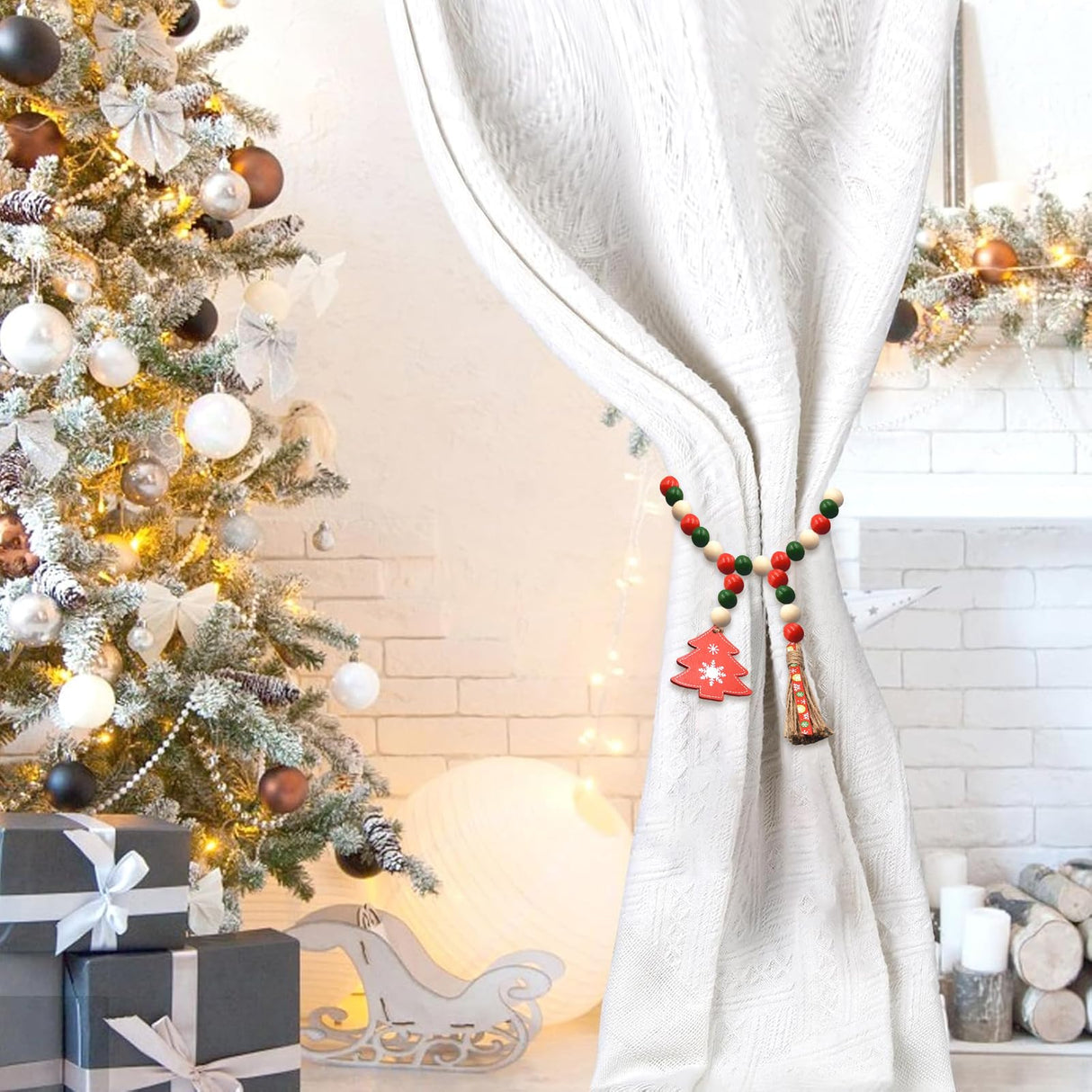 Wood Bead Garland for Christmas Tree, Christmas Wood Bead Garland Christmas Wooden Beads Garland Christmas Wood Garland Christmas Wood Bead Garland with Tassels Red and White Christmas Decor HEEYA