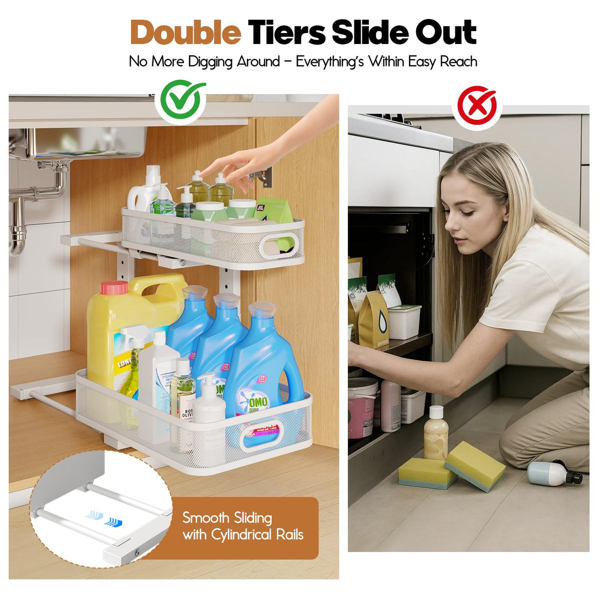 Biboraya 2 Pack Under Sink Organizer With Smooth Cylindrical Rail,2-Tier Pull Out Multi-Purpose Cabinet Storage for Bathroom&Kitchen,Height Adjustable,Rust-resistant Coating-White Biboraya