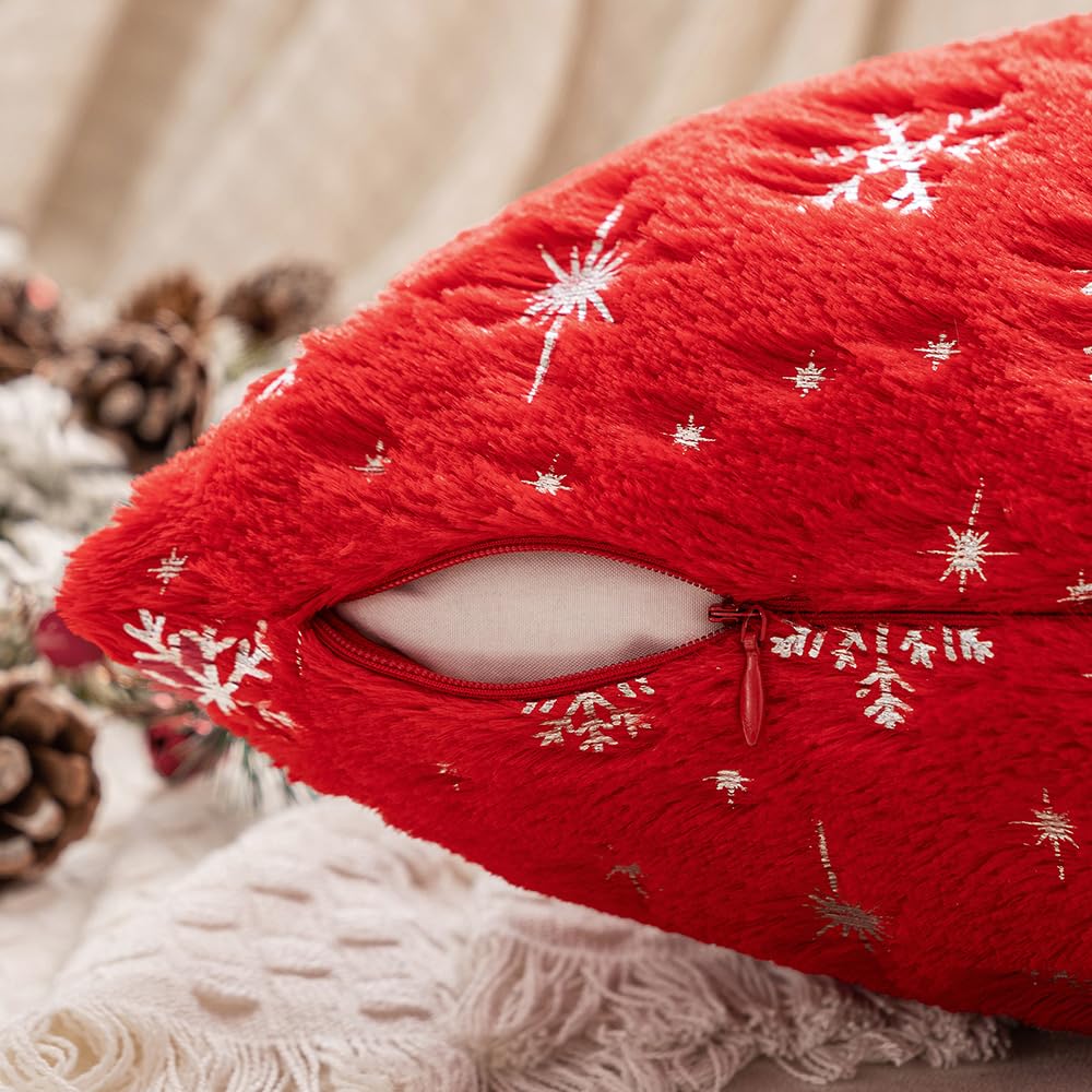 MIULEE Set of 2 Christmas Decorative Throw Pillow Covers Soft Faux Fur Winter Pillow Covers with Silver Snowflake Glitter Holiday Festival Pillowcases for Couch Sofa Bed, 18×18inch, Red MIULEE