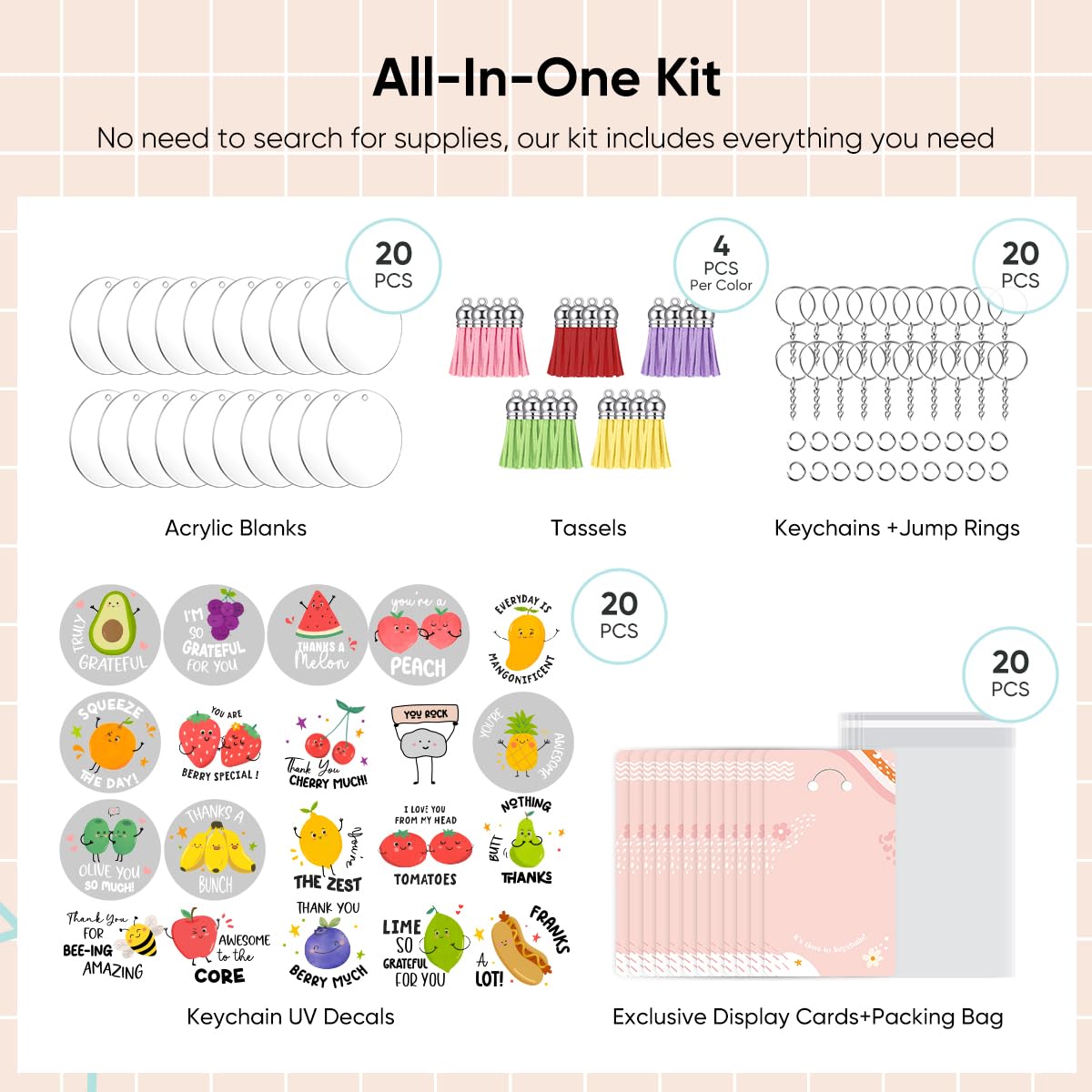 YOPPIX 140 PCS Acrylic Keychain Blank Set, Fruit Double-Sided UV DTF Stickers Acrylic Keychain Making Kits for Vinyl DIY Craft Project Employee Appreciation Gifts YOPPIX