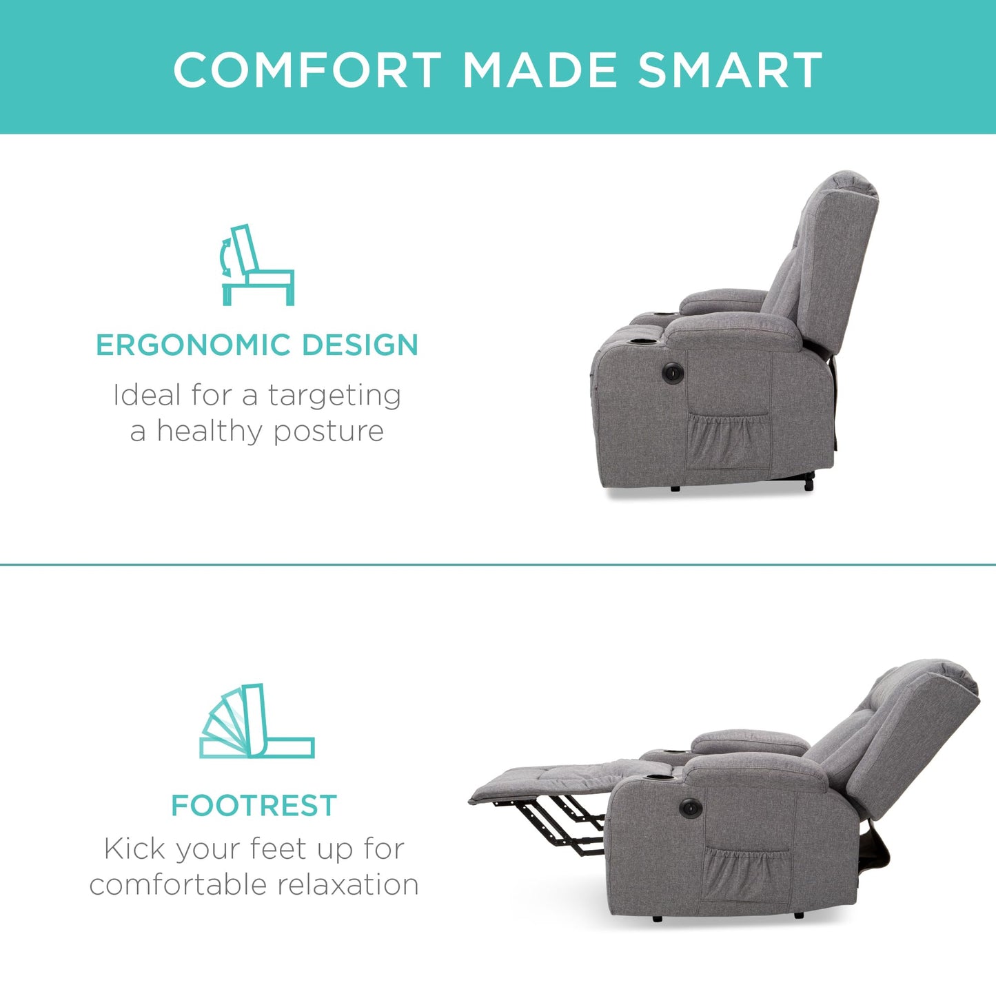 Best Choice Products Modern Linen Electric Power Lift Chair, Recliner Massage Chair, Adjustable Furniture for Back, Legs w/ 3 Positions, USB Port, Heat, Cupholders, Easy-to-Reach Button - Gray