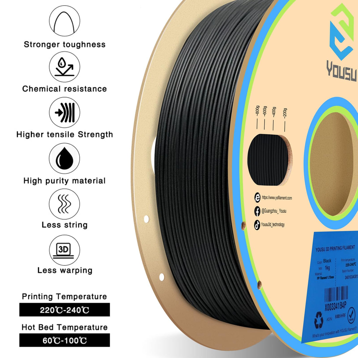 YOUSU Polypropylene PP Filament, 1.75mm 3D Printer Filament for 3D Printing, 1kg(2.2lbs) 5pcs Build Sheet Included, Semi-Flexible Ultra Tough Filament, Black Yousu