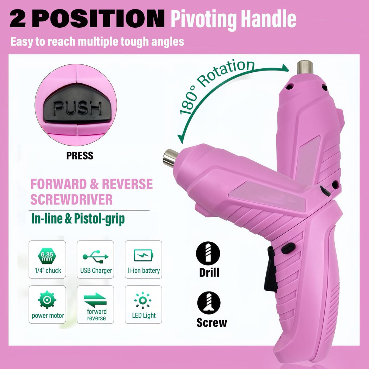Electric Screwdriver Pink Power Drill Set for Women, 47-In-1 Screwdriver and Drill Set Rechargeable, Multifunctional Cordless 4V Electric Automatic Screwdriver Drill with Battery and Charger Home DIY Tsisixia