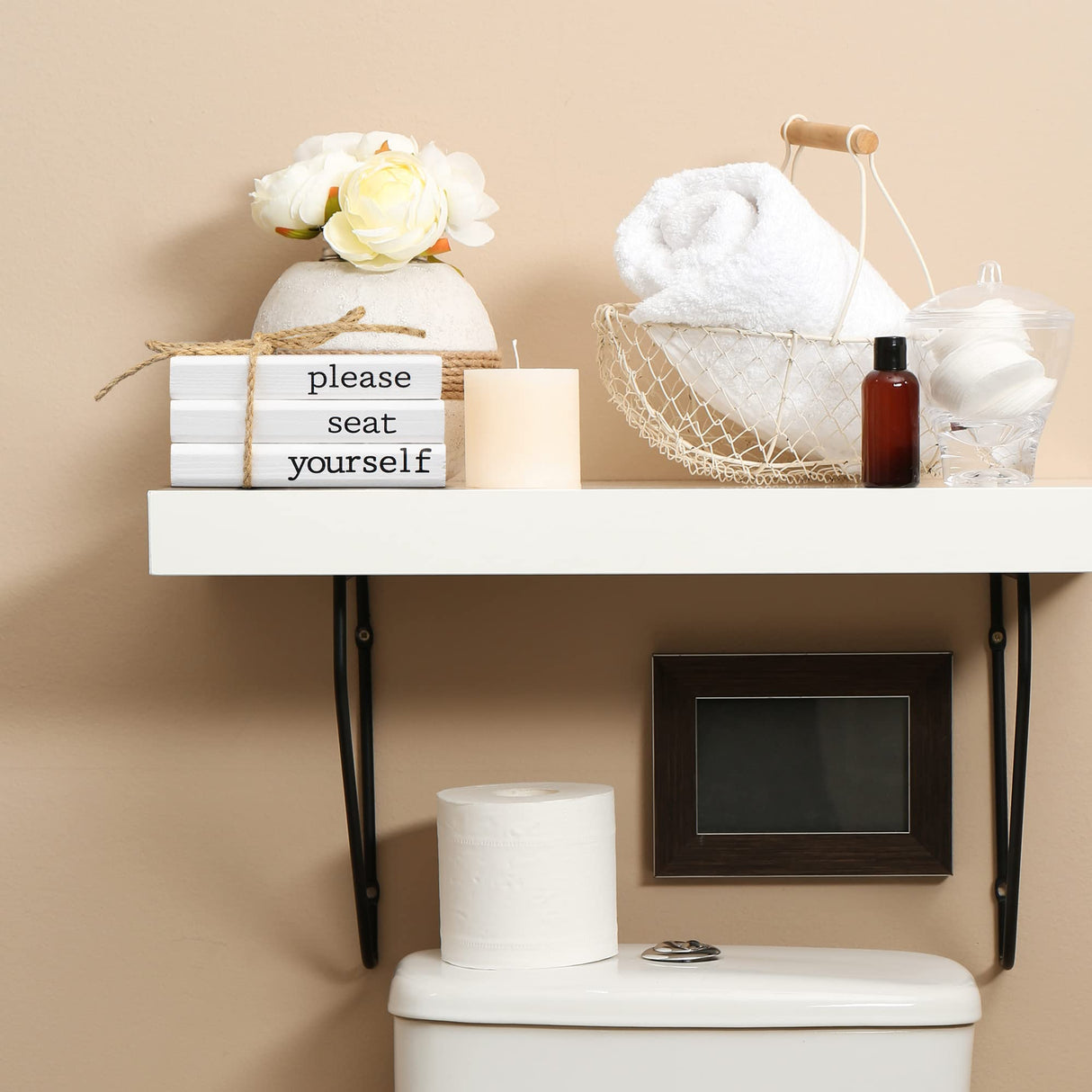 Farmhouse Bathroom Decor - Funny Rustic Wooden Mini Books for Your Restroom Shelf - The Perfect Small Decorative Accent for The Guest Bathroom, White KIBAGA