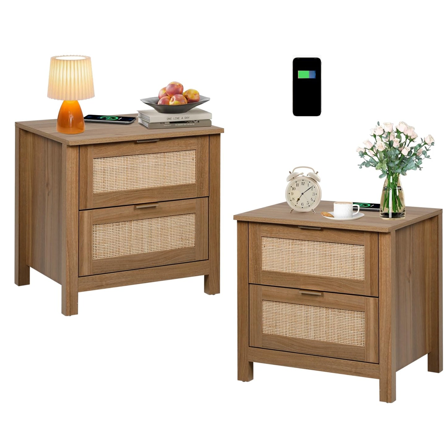 AILEEKISS Night Stand Set of 2 Rattan Nightstands with Wireless Charging Station, Wood Accent Bed Side End Tables with 2 Rattan Drawers, Modern Bedside Stand for Bedroom, Living Room (Natural - WoodArtSupply