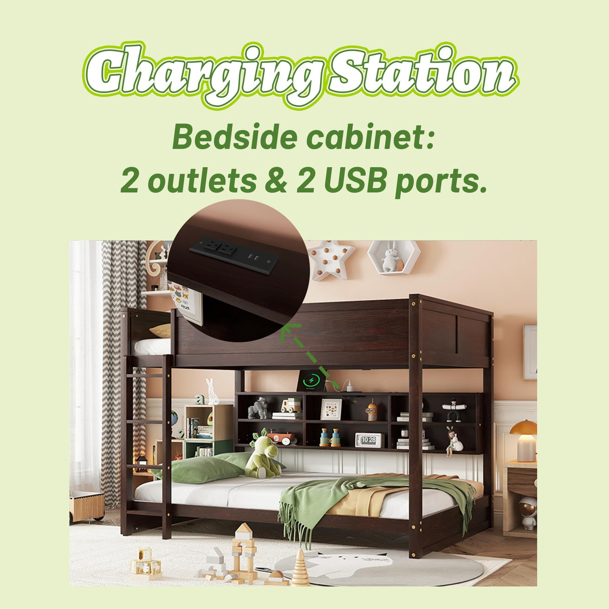 OYUMOENTS Queen Over Queen Bunk Bed, Solid Pine Wood Bunk Bed with Built-in Storage Cabinets, Charging Station, Ladder,Safety Guardrails, No squeaking for Teens & Adults, Brwon OYUMOENTS