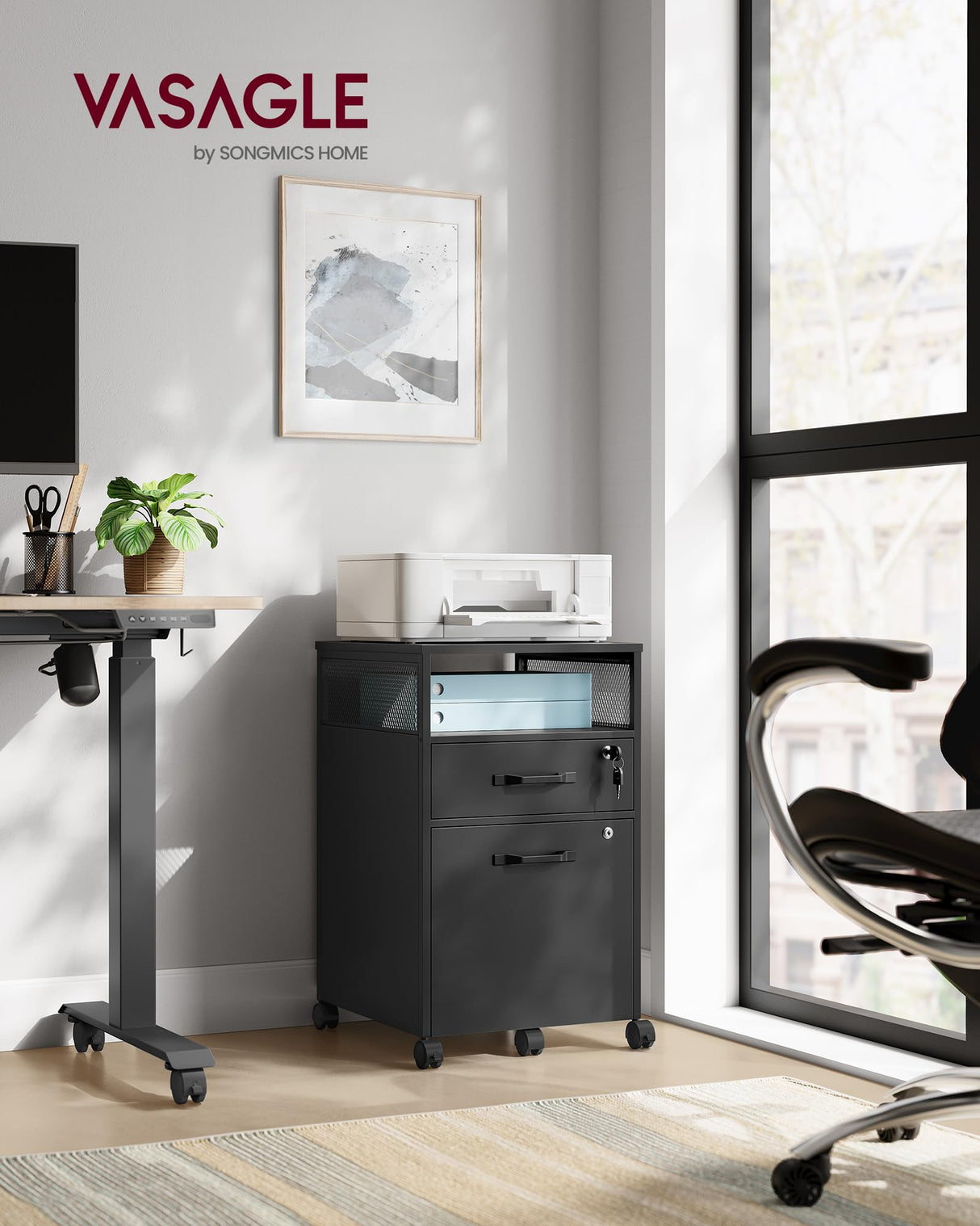 VASAGLE File Cabinet, Mobile Filing Cabinet with Wheels, 2 Lockable Drawers, Open Shelf, for A4, Letter Size, Hanging File Folders, Ink Black UOFC077B16 VASAGLE