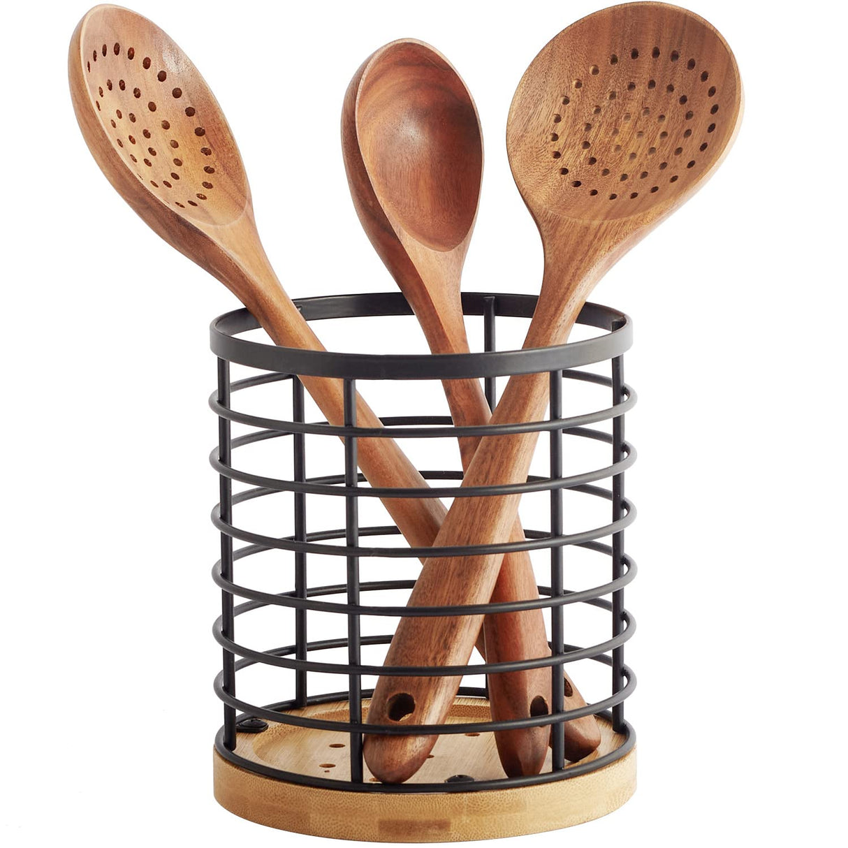 WDT Tool Utensil holder for Kitchen Counter - 5.2" x 5.2" x 6" Large Round with Wooden Base Matte Black Cooking Utensil Holder Utensil Organizer (Metal+Bamboo) WDT Tool