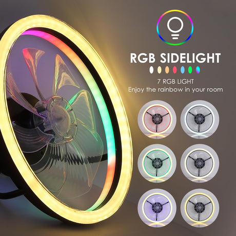 Ceiling Fans with Lights - Modern Flush Mount Ceiling Fan,16" RGB Dimmable LED Enclosed Ceiling Fans,Low Profile Bladeless LED-RGB Ambient Light for Bedroom Kids Room Party（Black） Mpayel