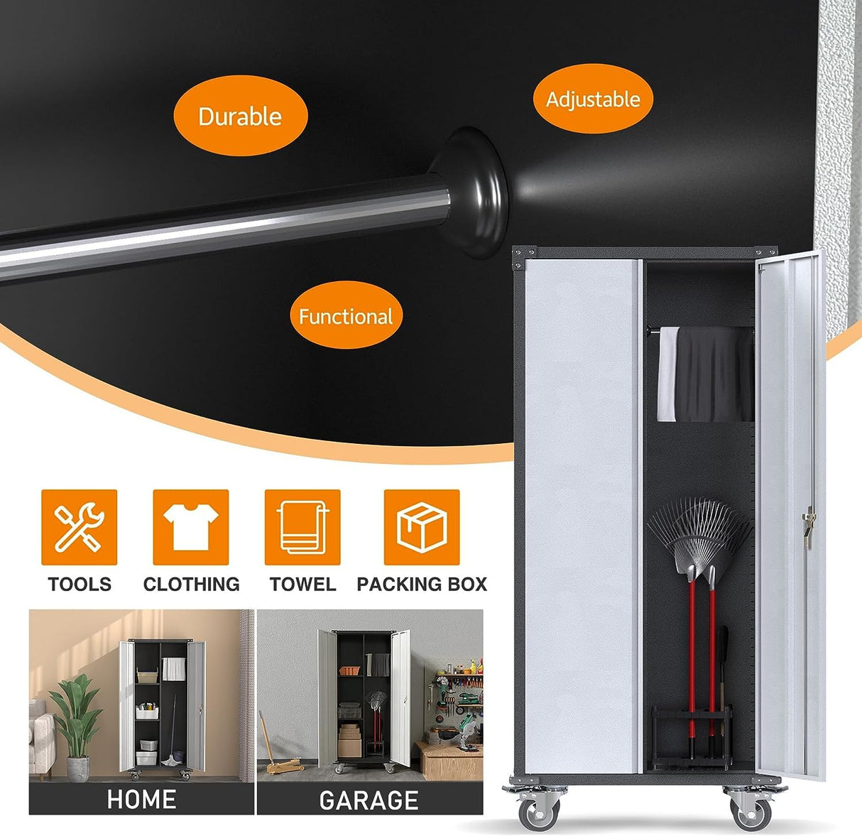 JAORD Metal Garage Storage Cabinet with Hanging Rod, Broom Closet Storage Cabinet, 71" Tall Rolling Tool Storage Cabinet with Locking Doors and Shelves JAORD