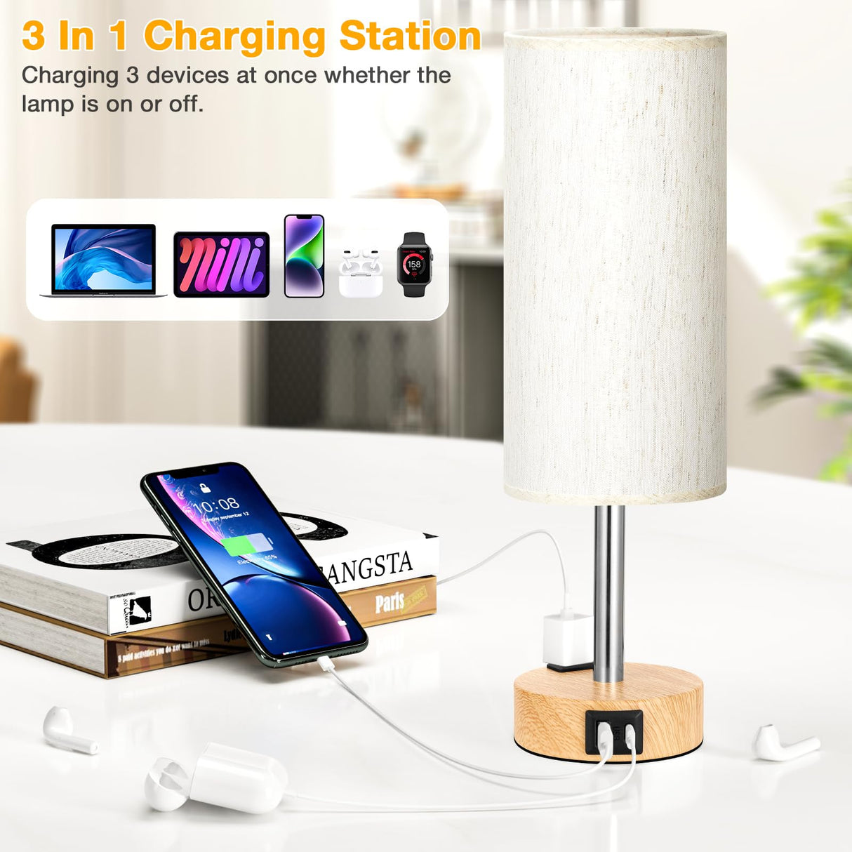 Touch Bedside Table Lamps Set - 3 Way Dimmable Bedroom Lamps Set of 2 with USB C and A Ports, Small Lamps for Nightstand with AC Outlet, Wood Base Round Flaxen Shade for Desk, Office, Dorm, Nursery PartageiZ
