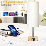 Touch Bedside Table Lamps Set - 3 Way Dimmable Bedroom Lamps Set of 2 with USB C and A Ports, Small Lamps for Nightstand with AC Outlet, Wood Base Round Flaxen Shade for Desk, Office, Dorm, Nursery PartageiZ