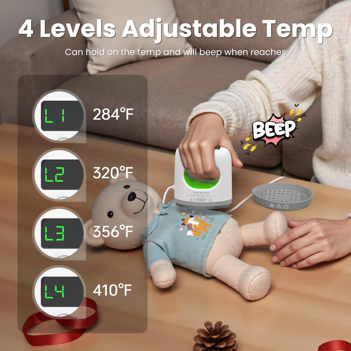 Calogy Super Mini Heat Press Machine, Max 410℉ & 4 Heating Setting with LED Display, Mini Iron for Crafting with Precision Tip, Easy for Small Objects Like Shoes, Stuffed Animals, Hats (White Green) Calogy