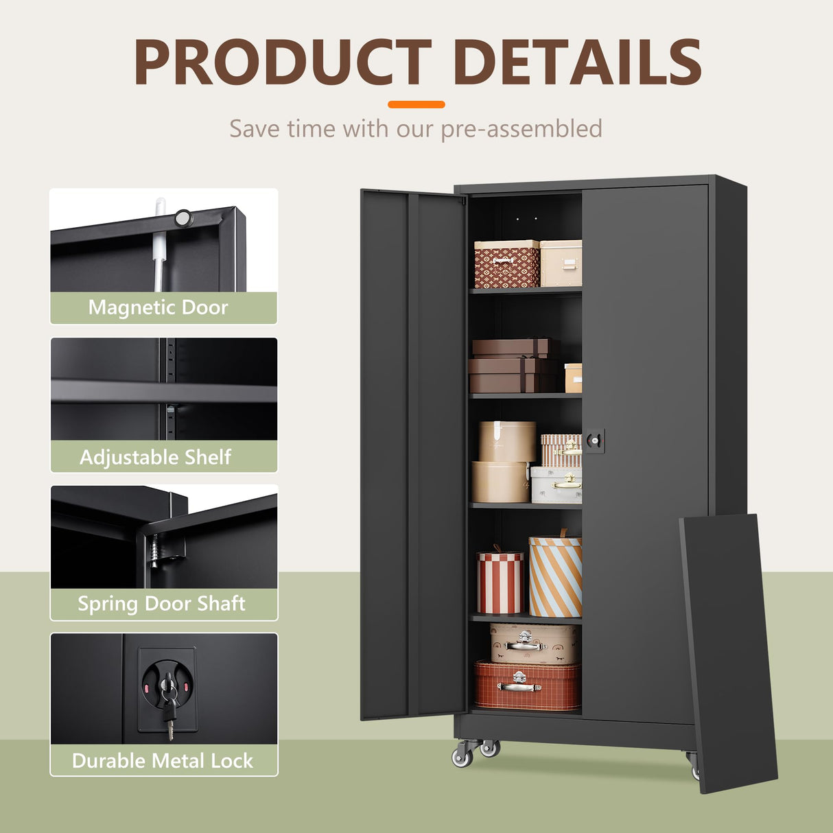 RAVIGIN Metal Garage Storage Cabinet with Wheels,73" H Locking Tool Cabinet with 2 Doors and 4 Adjustable Shelves Tall Cabinet for Garage, Heavy Duty File Cabinet for Office, School (Black) RAVIGIN