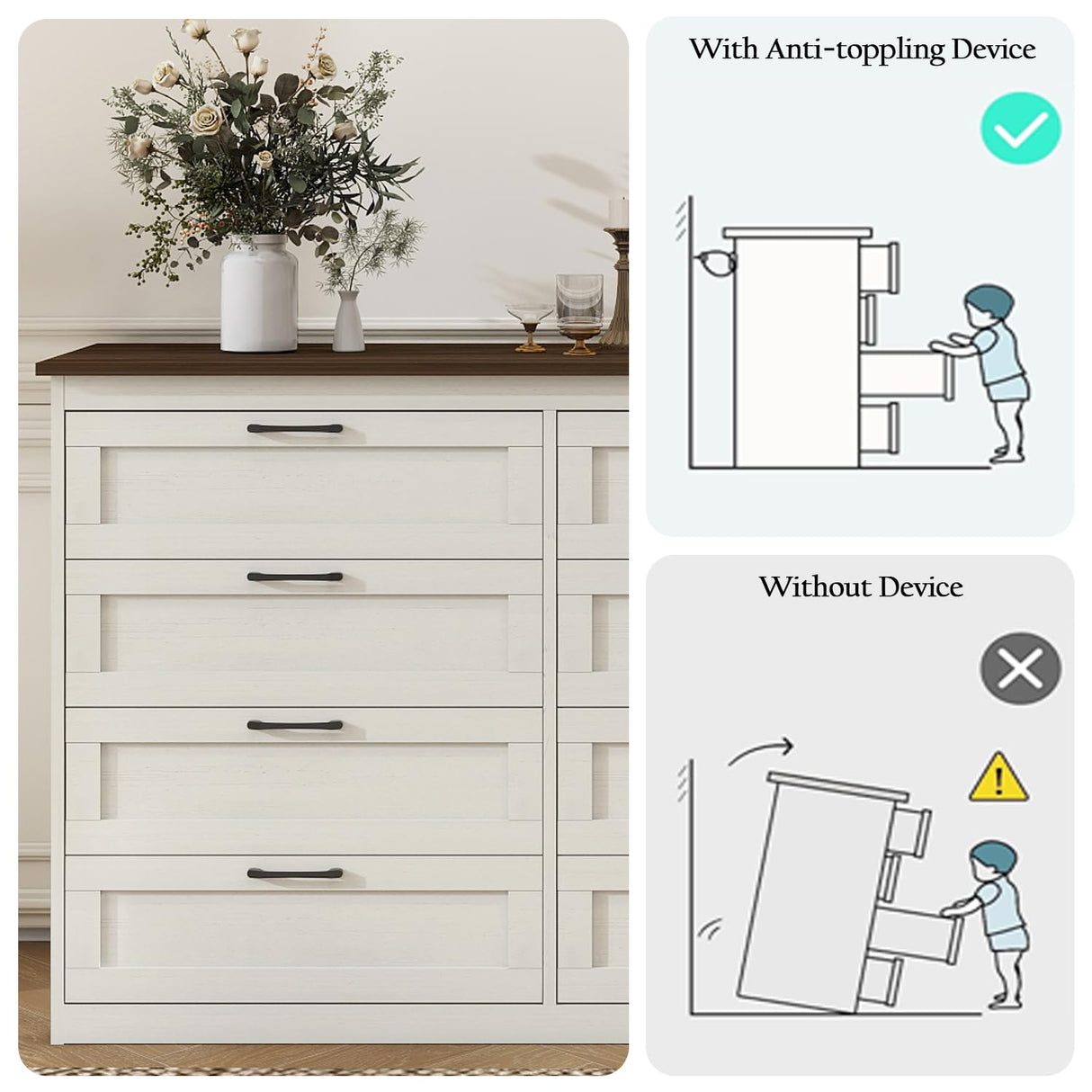 Vikiullf 8 Drawer Dresser - Farmhouse Dresser for Bedroom, Wooden Chest of Drawers, Storage Drawers for Bedroom, Living Room, Hallway, Entryway Organizer, Rust Oak White Vikiullf